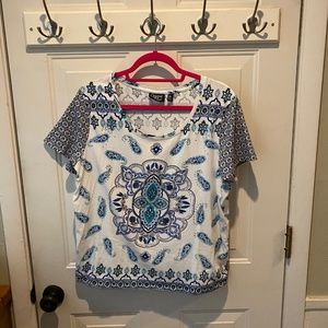 XL Teal Onque Casual Printed Jeweled Scoopneck Short Sleeve Tee